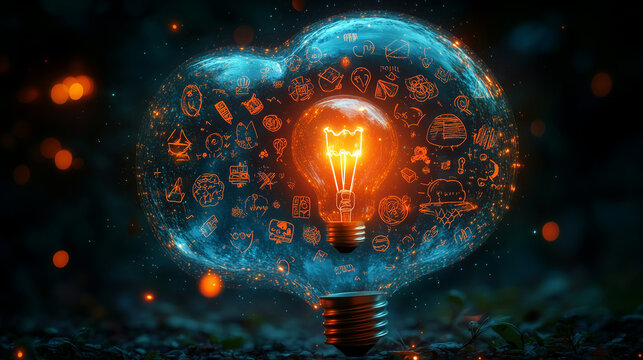 A shimmering thought bubble filled with diverse symbols, capturing the multiplicity of inspirations that lead to a singular idea. Concept of eclectic creativity.