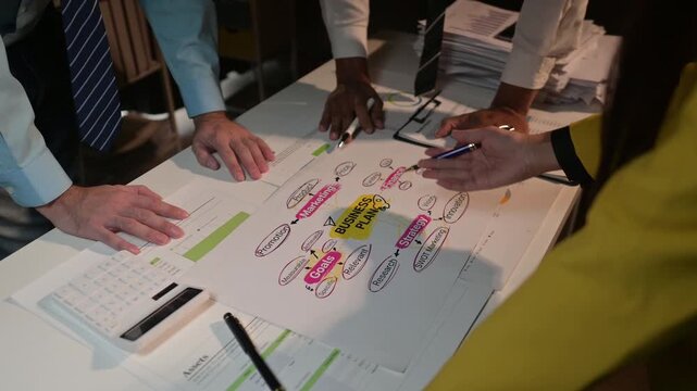 Team planning business strategy with mind map on office desk