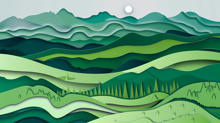 Obraz premium Green nature mountains landscape.3d Paper cut abstract minimal nature scene, template background.Vector illustration.