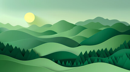 Obraz premium Green nature mountains landscape.3d Paper cut abstract minimal nature scene, template background.Vector illustration.