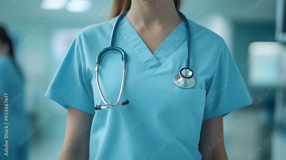 Wall mural Medical professional in light blue scrubs, stethoscope around neck, torso view, hospital background, bright natural lighting, soft focus, copy space for text, healthcare concept.