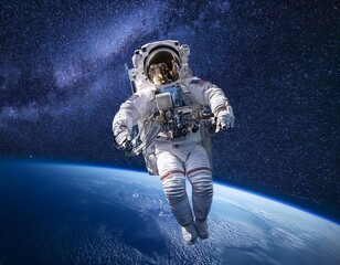 Fototapeta premium Astronaut Spacewalk A lone astronaut, tethered to a spacecraft, floats amidst a dazzling field of stars, captured in a moment of awe-inspiring exploration.