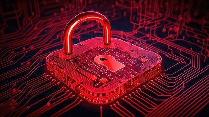 A close-up of a red lock icon set against a complex circuit board, highlighting themes of digital security, encryption, and the protection of sensitive data in cyberspace