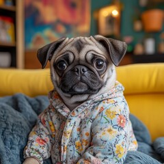 A pug dog is wearing a floral jacket and sitting on a couch