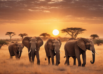 Fototapeta premium Majestic Elephants Walking Across African Savannah at Sunset in Golden Light