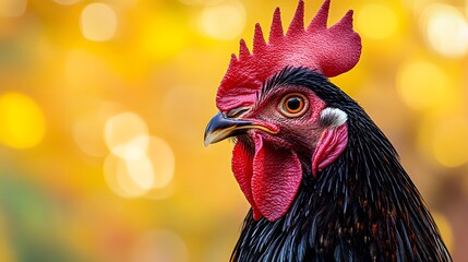 Portrait of a rooster, detailed feathers, vibrant red comb and wattles, piercing eye, soft pale yellow gradient background, copy space for text, bokeh light effects, studio lighting.