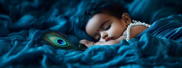 Cute little sleeping baby Krishna with peacock feather. Hindu god Lord Krishna. Krishna Janmashtami, Govardhan Puja. Indian religious festival