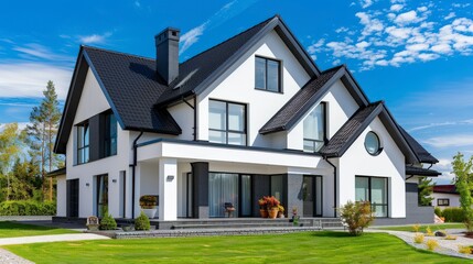 Obraz premium A modern two-story house with a sleek design and landscaped yard under a blue sky.