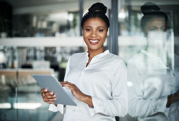 Tablet, smile and portrait of black woman in office with email for insurance information with...