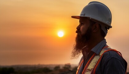 Construction Worker at Sunset A determined construction worker with a full beard, wearing a hard hat, stands in profile against a backdrop of glowing sunset hues.