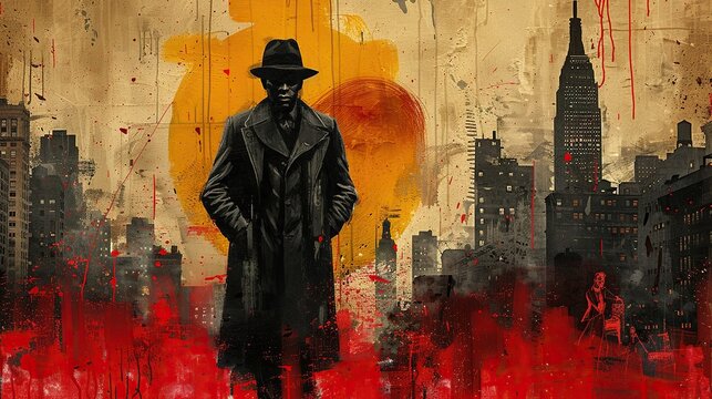 retro italian mafia gangster on background of american city contemporary art collage.