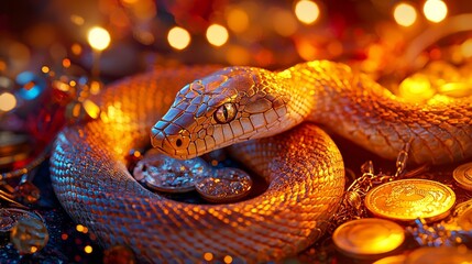 Fototapeta premium This vibrant golden snake is intricately coiled on a bed of glittering coins, symbolizing health and wealth in the new year 2025