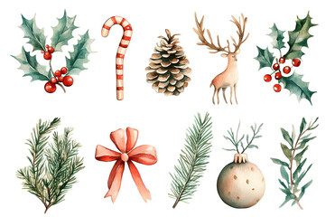 Collection of watercolor Christmas decorations isolated on white background