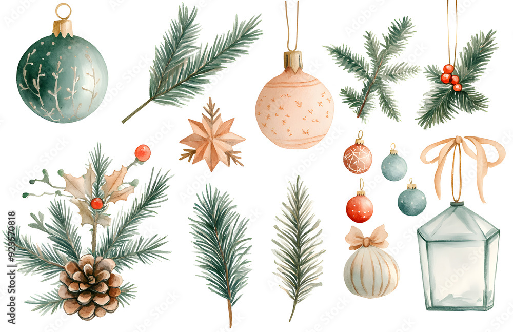 Sticker collection of watercolor christmas decorations isolated on white background