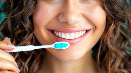 Woman with wavy hair and bright smile holds toothbrush to her teeth showing healthy white smile
