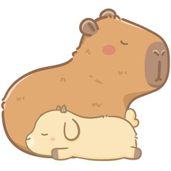 Sleeping capybara and baby goat 