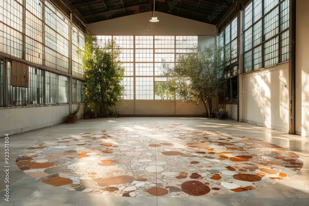 Poster a stunning community art space showcasing a unique circular floor design under soft natural light in