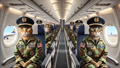 A group of cats dressed in military uniforms sit in an airplane. The cats are wearing hats and have American flags on their collars. Concept of adventure and excitement