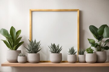 Fototapeta premium A shelf with a white frame and a variety of potted plants