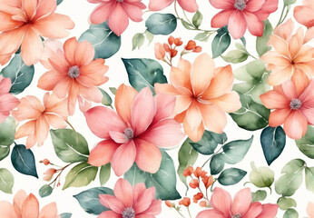Colorful Floral Pattern Featuring Pink and Peach Flowers Against a Light Background