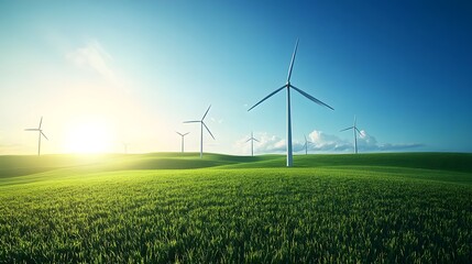 Wind turbines in green field, clear blue sky, renewable energy concept, panoramic view, high contrast, detailed turbine texture, sustainable landscape, bright sunlight, clean energy.