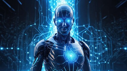 A high-tech android with illuminated blue eyes and a complex network of circuits, representing artificial intelligence, cybernetics, and the future of human-robot interaction