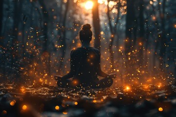 Woman Meditating in a Forest of Magic