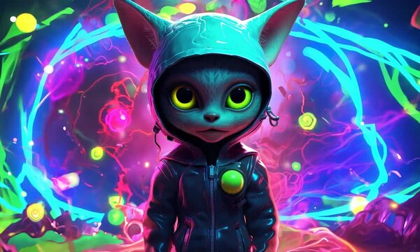 cute alien cat in futuristic neon world animation
