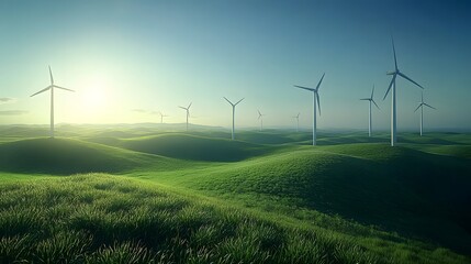 Obraz premium Wind turbines in green field, clear blue sky, renewable energy concept, panoramic view, high contrast, detailed turbine texture, sustainable landscape, bright sunlight, clean energy.