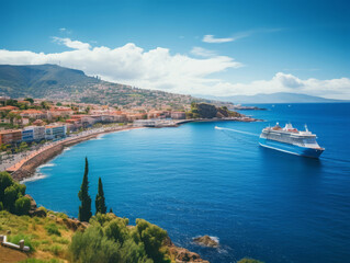 Obraz premium Exceptional Beautiful and calm ocean surrounded by the cliffs under the cloudy blue sky