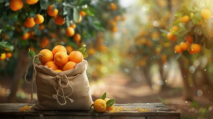 A sack crate of newly harvested orange fruit in plantation farm field closeup view
