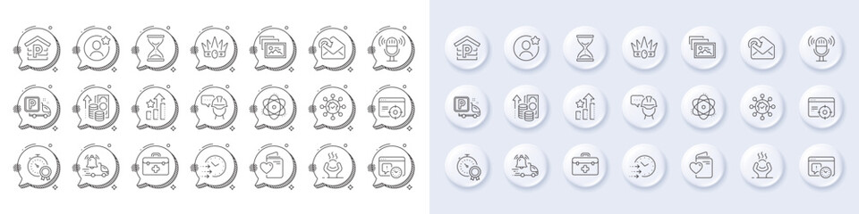 First aid, Delivery time and Time hourglass line icons. White pin 3d buttons, chat bubbles icons. Pack of Seo targeting, Difficult stress, Foreman icon. Vector