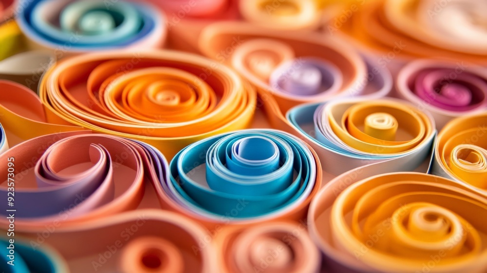 Poster colorful paper quilling art with rolled paper strips in various vibrant colors, creating intricate a