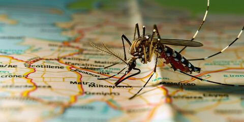 Malaria is the mosquito's sting of tropical travels, posing a risk in affected regions: Illustrate malaria as a mosquito hovering over a map