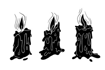 Collection of silhouettes, stencils of burning wax candles. Vector graphics.
