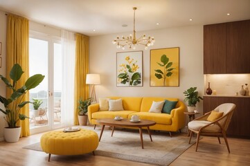 A bright yellow living room with a yellow couch, a coffee table