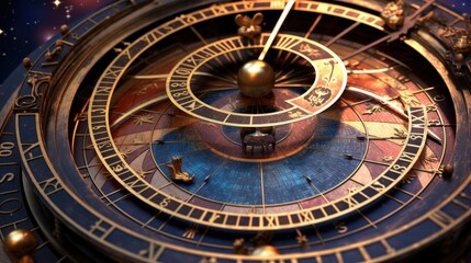 Intricate Astronomical Clock Face with Roman Numerals and Ornate Details
