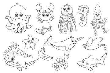 Collection of line sketches, coloring pages of small sea animals, cute characters. Vector graphics.