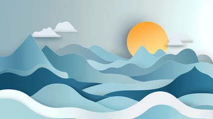 mountains landscape.3d Paper cut abstract minimal nature scene, template background.Vector illustration.