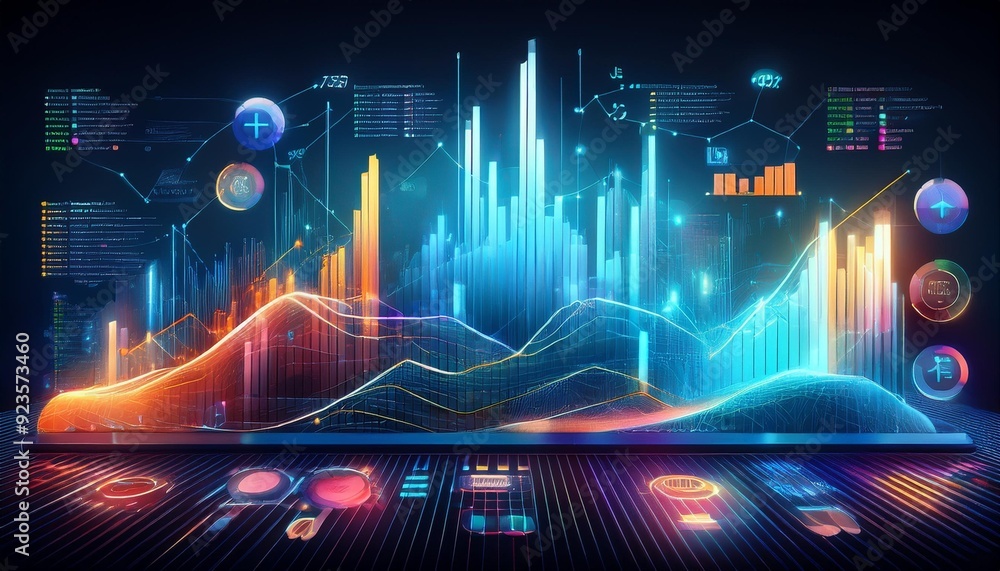 Wall mural e commerce analytic graph , charts, information with proper guidelines of business , blue background