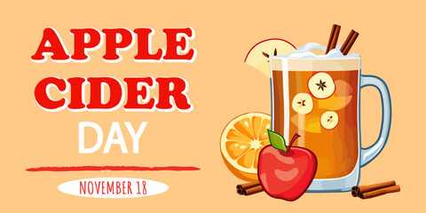 Аpple Cider Day. November 18. Holiday concept. Template for background, banner, card, web, poster with text inscription