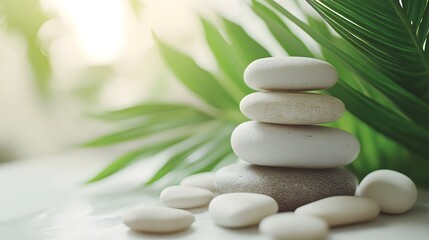 Obraz premium Zen stone stack, bright natural lighting, palm leaf, soft green background, minimalist spa composition, smooth pebbles balanced, tranquil atmosphere, copy space for text.