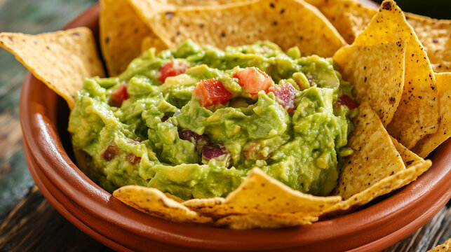 Close up on guacamole and tortilla chips