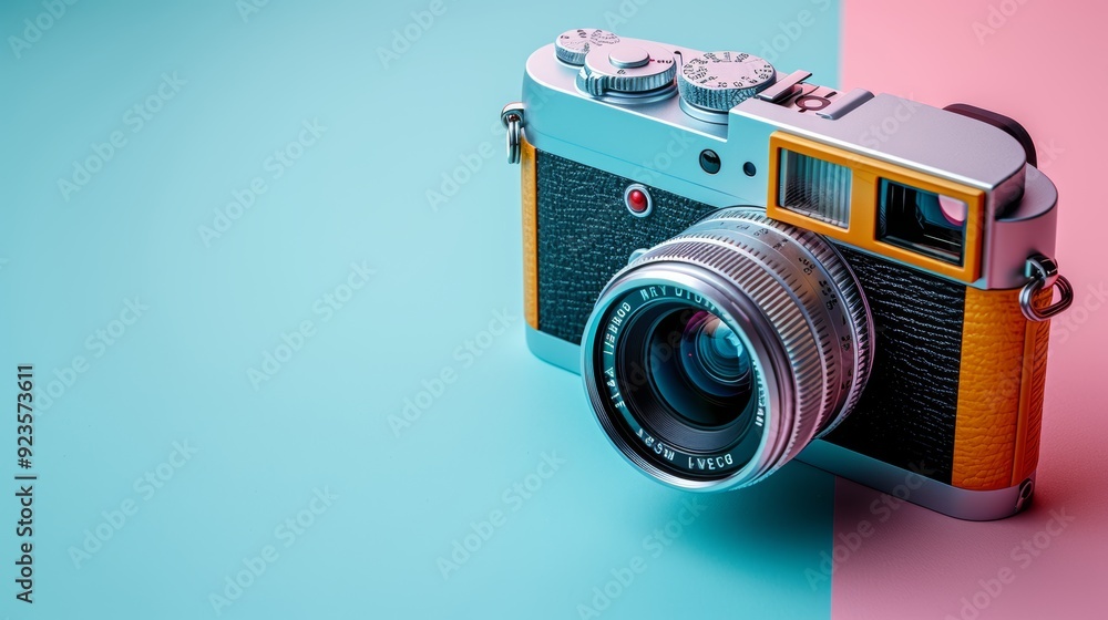 Wall mural Vintage Camera on Pastel Background Celebrating World Photography Day - Perfect for Creative and Artistic Projects