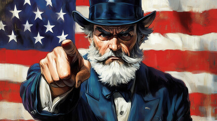 Uncle Sam points his finger on American flag background