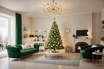 A living room with a green couch and a green chair with christmas tree decoration
