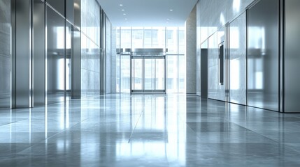 Fototapeta premium Empty modern office building corridor with polished floors and glass walls