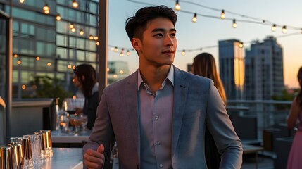 Sophisticated Young Man Rooftop Evening City Lights Fashion Style