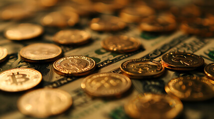 Gold coins scattered on US dollar bills