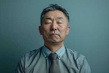 Fototapeta premium Closeup of a contemplative asian man with closed eyes in a gray shirt